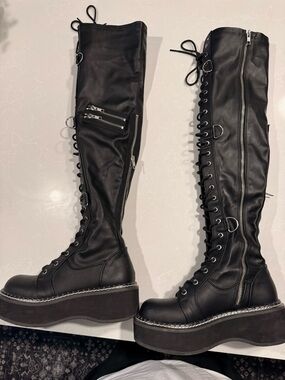 Demonia Emily-377 Black Over-The-Knee Lace-Up Platform Boots